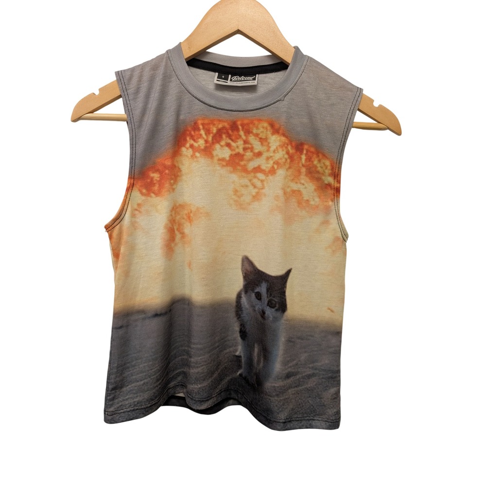 Beloved Women's Graphic‎ Tank Top Gray Cat Explosion Meme Sleeveless S Cute